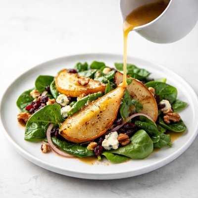 Image of Warm Apple Vinaigrette with a Roasted Pear Spinach Salad