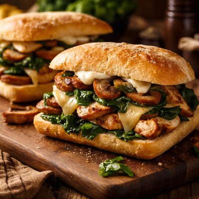 Image of Warm Chicken Sandwiches W Mushrooms Spinach and Cheese