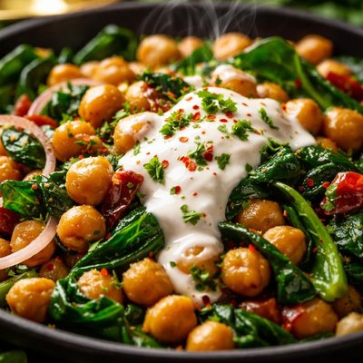 Image of Warm Chickpea and Spinach Salad with Yogurt Sauce