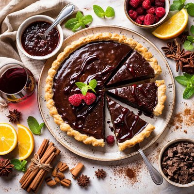 Image of Warm Chocolate Tart with Red Wine Sauce
