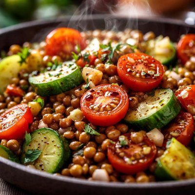 Image of Warm Cucumber Tomato Lentil Salad with Balsamic Vinaigret
