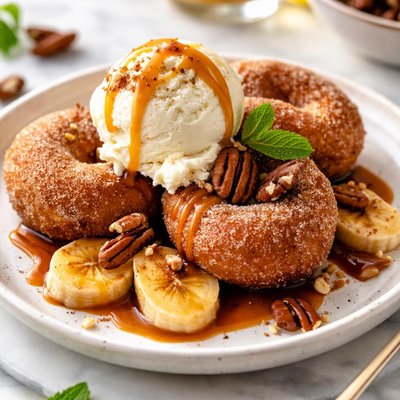 Image of Warm Doughnuts a La Mode with Bananas and Spiced Caramel Sauce