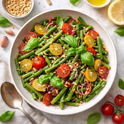 Image of Warm Green Bean Salad with Pine Nuts and Basil