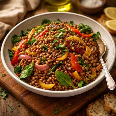 Image of Warm Lentil Salad with Onion Peppers and Spinach