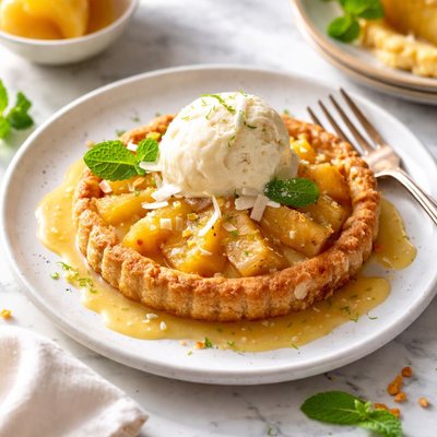 Image of Warm Pineapple Tart with Pineapple Coconut Sauce