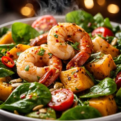 Image of Warm Pumpkin Spinach Prawn Salad with Chilli Lime Dressing