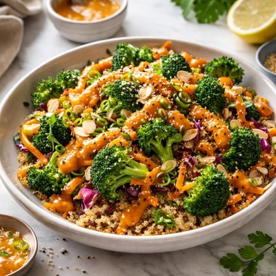 Image of Warm Quinoa Broccoli Salad with Carrot Ginger Dressing