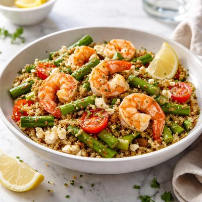 Image of Warm Quinoa Salad with Shrimp and Asparagus