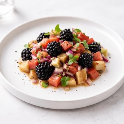 Image of Warm Rhubarb Red Banana and Blackberry Salsa