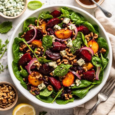 Image of Warm Roasted Beet Salad with Spinach and Blue Cheese