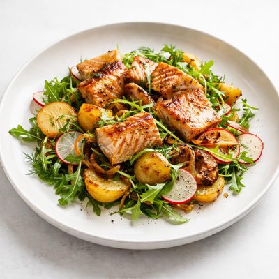 Image of Warm Salmon Salad with Potatoes Caramelised Onions
