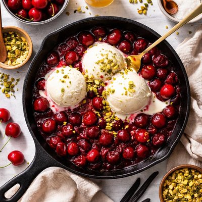 Image of Warm Skillet Sour Cherries with Vanilla Ice Cream