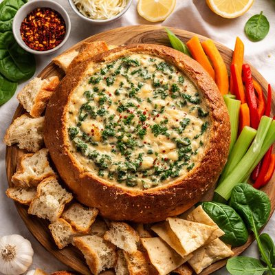 Image of Warm Spinach Dip in a Bread Bowl