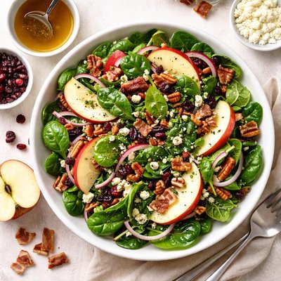 Image of Warm Spinach Salad with Apples Bacon and Cranberries