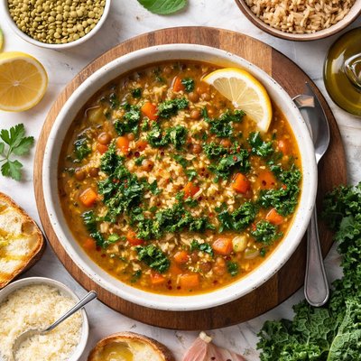 Image of Warming Lentil Soup with Kale Rice