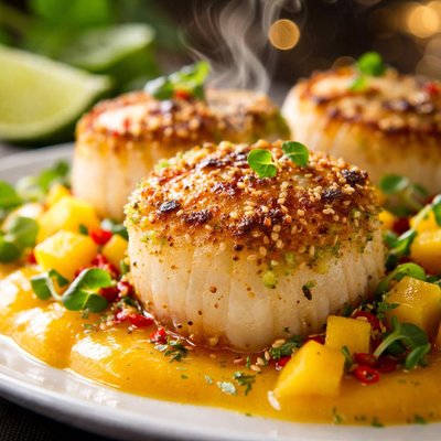 Image of Wasabi Crusted Scallops W Ginger Mango Coulis