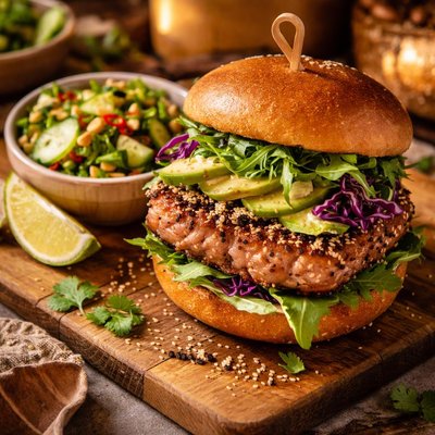 Image of Wasabi Tuna Burger with Thai Style Cucumbers
