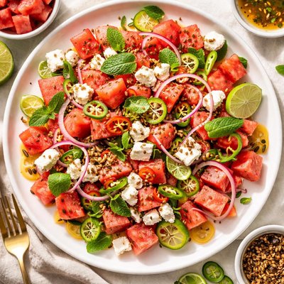 Image of Watermelon and Feta Salad with Serrano Chile Vinaigrette