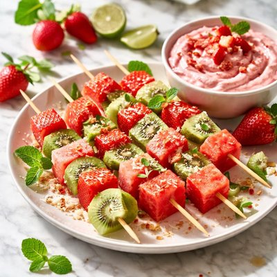 Image of Watermelon and Kiwi Skewers with Starry Strawberry Cream