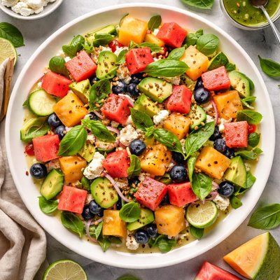 Image of Watermelon Cantaloupe Salad with Mint Basil Vinaigrette