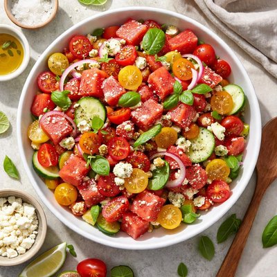 Image of Watermelon Cherry Tomato Red Onion and Cucumber Salad