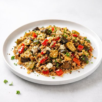 Image of Wheat Berry Salad with Red Peppers Eggplant and Zucchini