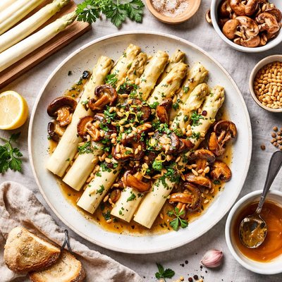 Image of White Asparagus with Mushrooms in Brown Butter