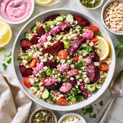 Image of White Bean and Barley Salad with Beetroot and Yoghurt Dressing