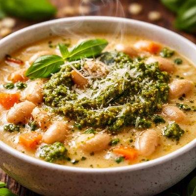 Image of White Bean and Parmesan Soup with Pesto