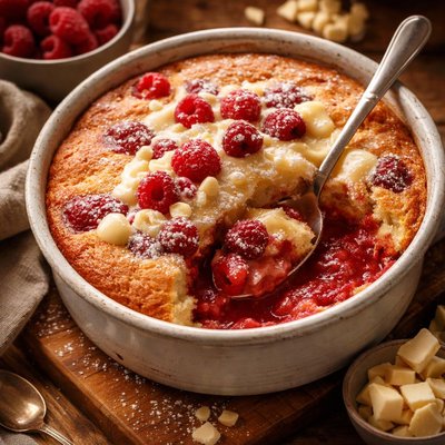 Image of White Chocolate and Raspberry Self Saucing Pudding
