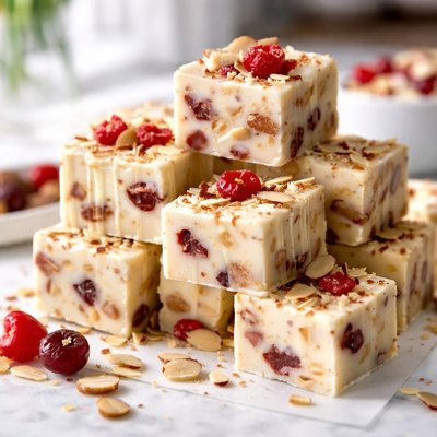 Image of White Chocolate Bakewell Cherry and Almond Fudge