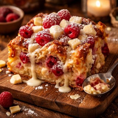 Image of White Chocolate Bread Pudding with Raspberry and White Chocolate