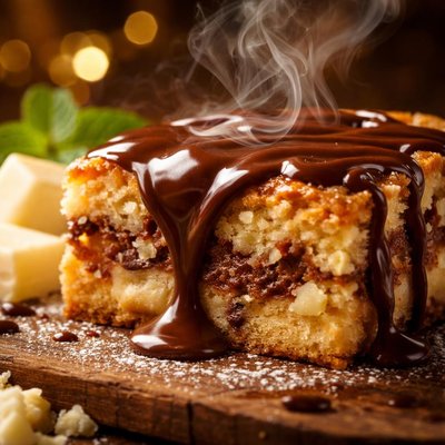 Image of White Chocolate Brownie with Chocolate Sauce