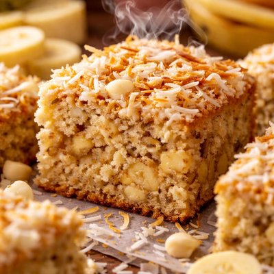Image of White Chocolate Coconut Banana Snack Cake