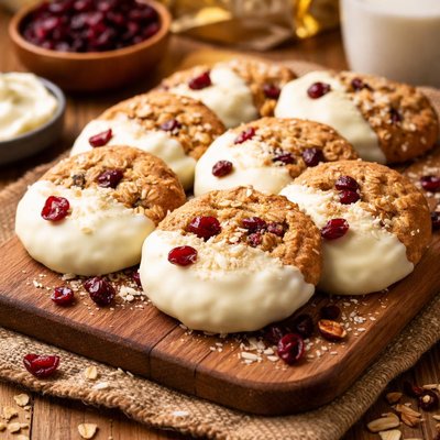 Image of White Chocolate Dipped Oatmeal Cranberry Cookies