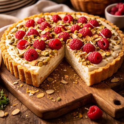 Image of White Chocolate Raspberry Tart with Almonds and Pistachios