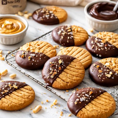 Image of White Lily Chocolate Dipped Peanut Butter Cookies