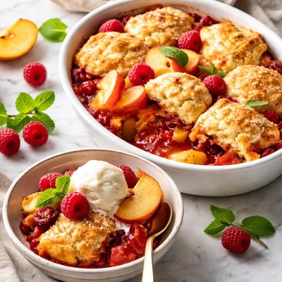 Image of White Peach and Red Rasberry Cobbler