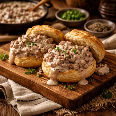 Image of White Trash Hamburger Gravy and Breakfast Biscuits
