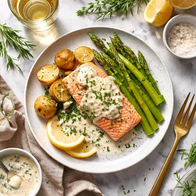 Image of White Wine Poached Salmon with Tarragon Cream for One