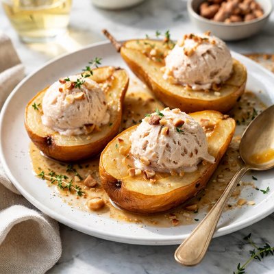 Image of White Wine Roasted Pears with Hazelnut Ice Cream