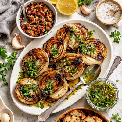Image of Whole Grilled Onions a Bacon Topping and a Herb Vinaigrette