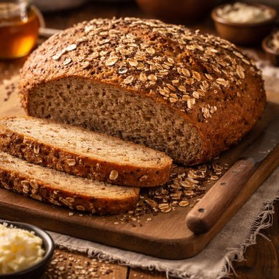 Image of Whole Wheat No Knead Bread with Flax Seeds and Oats