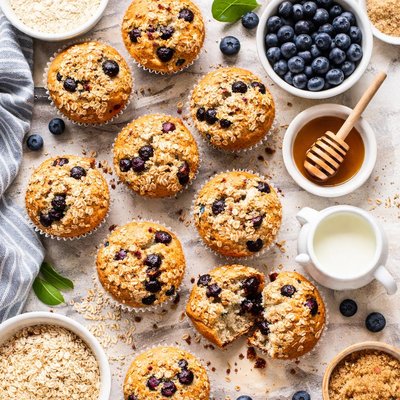 Image of Whole Wheat Oatmeal and Buttermilk Blueberry Muffins