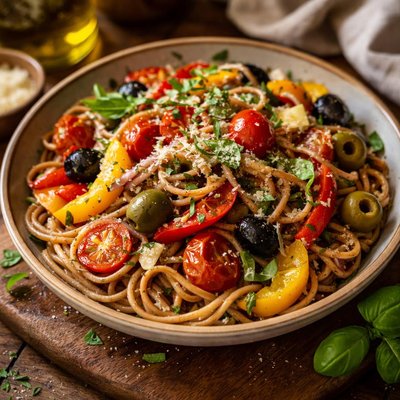 Image of Whole Wheat Pasta with Peppers Tomatoes and Olives