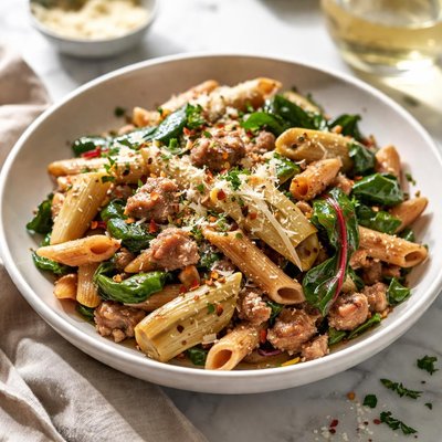 Image of Whole Wheat Penne with Sausage Chard and Artichoke Hearts