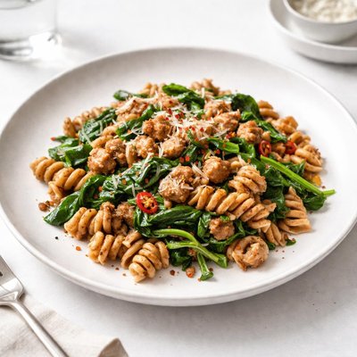 Image of Whole Wheat Rotini with Spicy Turkey Sausage and Mustard Greens