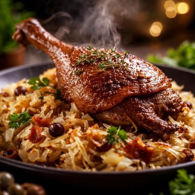 Image of Wild Duck or Goose with Sauerkraut