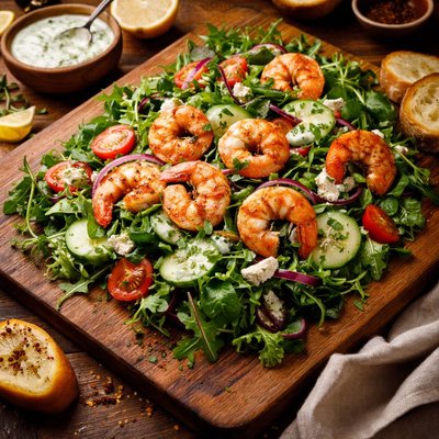 Image of Wild Greens and Shrimp W Cucumber Yogurt Dressing