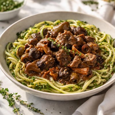Image of Wild Mushroom Beef Stew with Herbed Zucchini Noodles